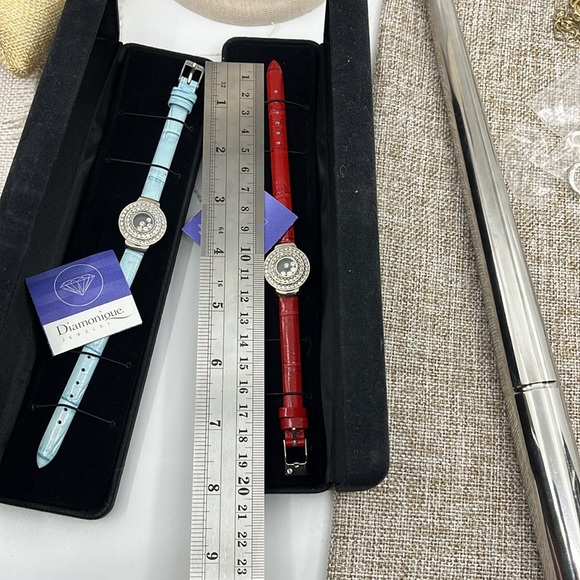 Vintage Diamonique Faux Watch Bracelets (2) - Red & Blue Bands with CZ Accents - Picture 9 of 10